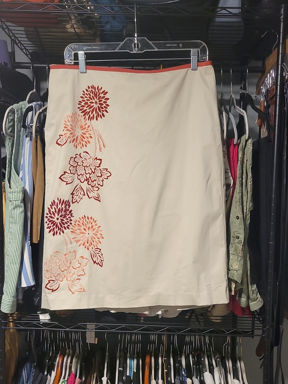 LOFT Cream Midi Skirt with Coral Floral Print